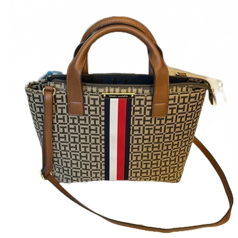 Tommy Hilfiger Classic Stripe Tan Logo Print Structured Bag